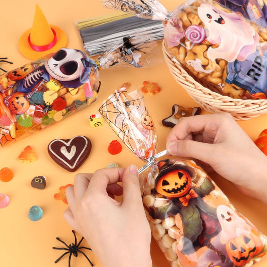 180-Pack Halloween Cellophane Treat Bags with 210 Twist Ties – 6 Spooky Styles for Candy, Cookies & Party Favors