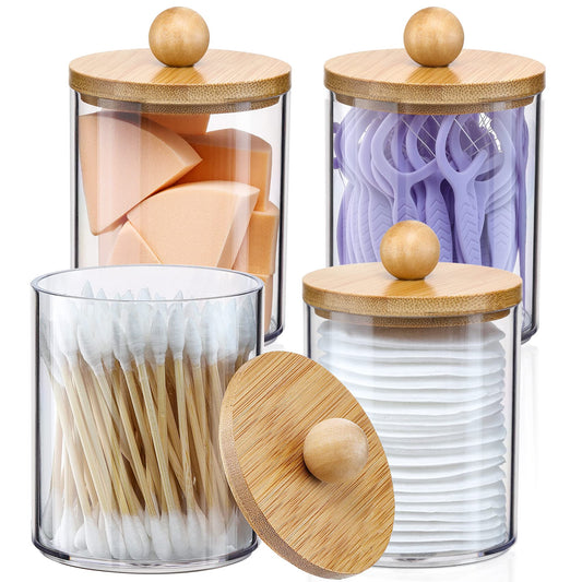 Clear Qtip Holder Dispensers with Bamboo Lids (4-Pack) – 10oz Apothecary Jars for Bathroom & Vanity Organization