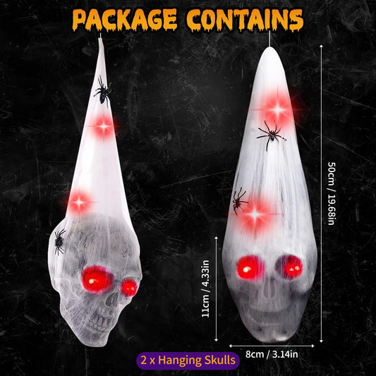 2-Pack Hanging Skull Halloween Decorations with Creepy Spiders & LED Light-Up Eyes – Outdoor & Indoor Haunted Décor