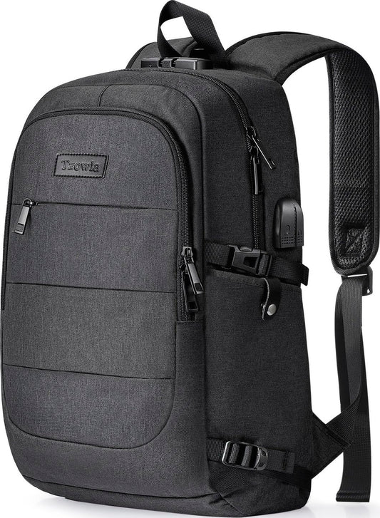 Tzowla Anti-Theft Laptop Backpack with USB Charging Port & Lock – Water-Resistant Business Travel Backpack for 15.6” Laptops (A-Black)