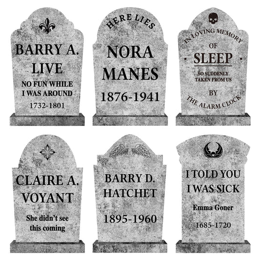 6PCS Stone Grey Halloween Tombstones Yard Signs – Realistic Graveyard Headstones with Stakes for Outdoor Cemetery Decorations