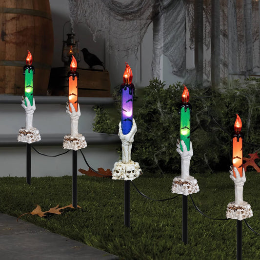 Halloween Skull Candle Light Stakes – 5-Piece LED Yard Decoration Set in Orange, Purple & Green with Timer Function