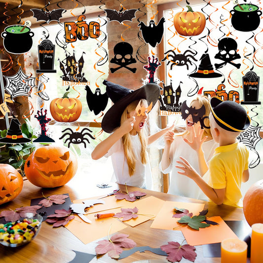 Halloween Hanging Swirl Decorations – 60PCS Ceiling Foil & Card Set with Ghosts, Bats, Pumpkins & Spiders