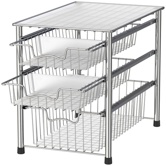 Stackable 3-Tier Sliding Basket Organizer – Chrome Space-Saving Drawer Storage Rack