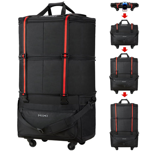 Mixi Expandable Rolling Duffle Bag 120L, Foldable Large-Capacity Travel Bag with Wheels for Men & Women (Black)