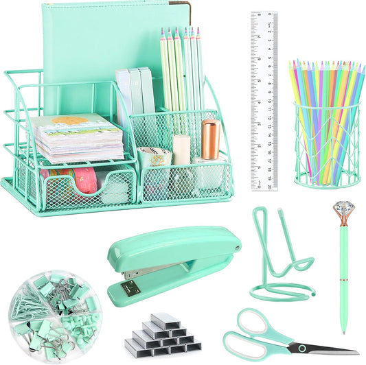 Green Desk Organizer and Office Supplies Set