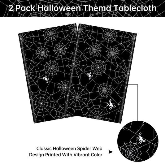 Halloween Tablecloths – 2 Pack Black Spider Web Plastic Table Covers (108 x 54 Inches)