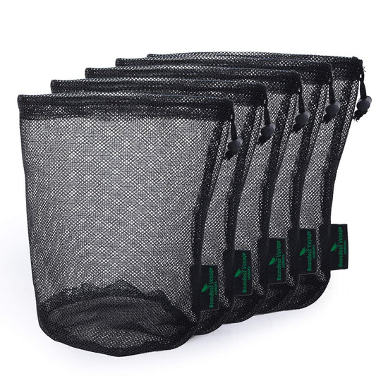 Usharedo 5-Pack Nylon Mesh Drawstring Bags – Lightweight Sports & Outdoor Storage Pouches (Black, L)