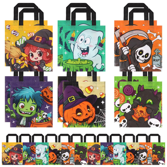 24-Pack Halloween Non-Woven Tote Bags – 6 Classic Designs (Pumpkin, Black Cat, Ghost) Reusable Trick-or-Treat Gift Bags