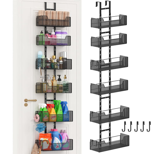 Hongtamoya Over-the-Door Metal Storage Organizer – 6 Adjustable Mesh Baskets & Hooks for Closet, Pantry & Bathroom (Black)
