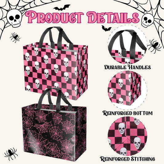 2-Pack Skull Net Halloween Gift Bags with Cards & Tissue Paper – Reusable Black & Pink Tote Style Party Favor Bags