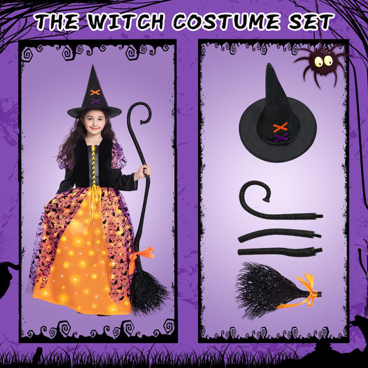 Purple Light-Up Witch Costume for Girls with Hat & Broom – LED Halloween Cosplay Outfit