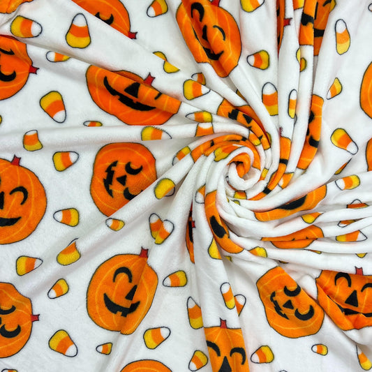 Halloween Velvet Fleece Throw Blanket – Jack O’ Lantern & Candy Corn Pattern (50x70”, White Yellow Orange)