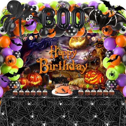 Halloween Birthday Party Decorations Set – 105PCS Complete Kit with Balloons, Backdrop, Tablecloth & Cake Toppers
