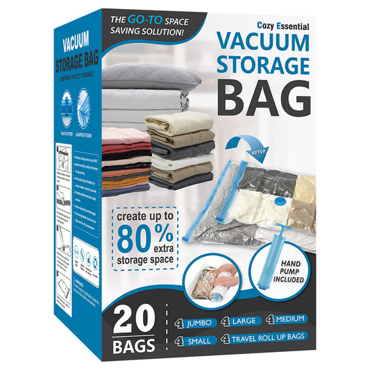 COZY ESSENTIAL Vacuum Storage Bags Set (20-Pack) – Space Saver Compression Bags for Clothes, Bedding & Travel (Transparent)