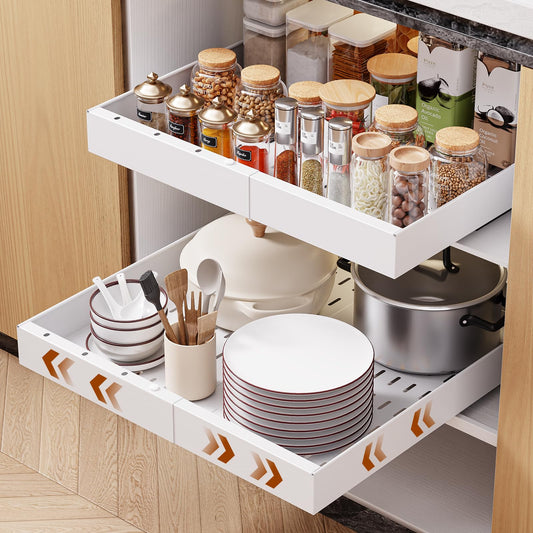 Onedream Adjustable Pull-Out Cabinet Organizer – 2 Pack Slide-Out Drawers (White)