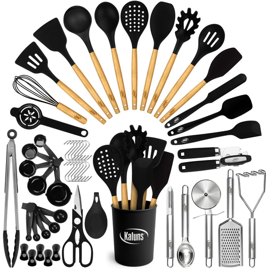 50-Piece Silicone, Stainless Steel & Wood Kitchen Utensil Set – Heat Resistant, Non-Stick Safe (Black)