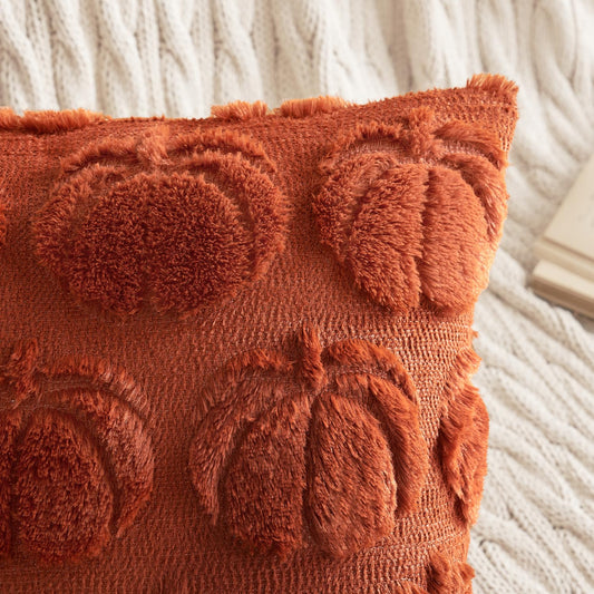 Rust Pumpkin Faux Fur Pillow Covers – Set of 2 Cozy Fall Cushion Cases for Autumn Harvest Home Décor (18x18 Inch)