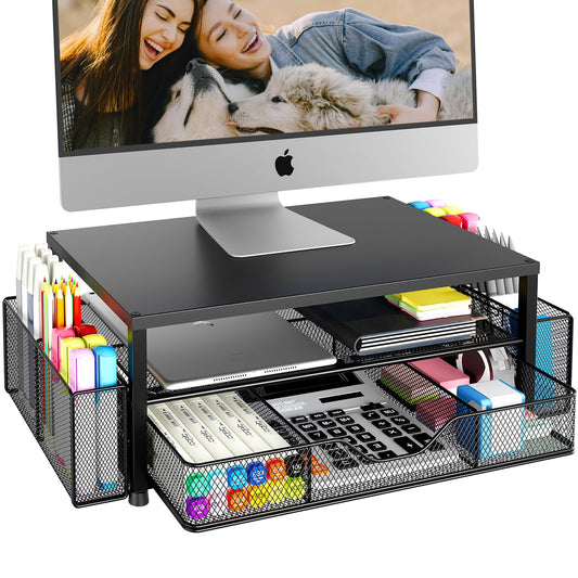 OPNICE 2-Tier Monitor Stand with Drawer & Pen Holders – Ergonomic Desk Organizer for Office & Home