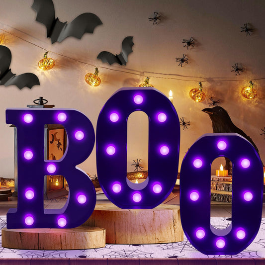 Halloween “BOO” LED Marquee Letters – Black Shell with Purple Glow, 3-Pack Spooky Light-Up Signs for Indoor & Outdoor Décor