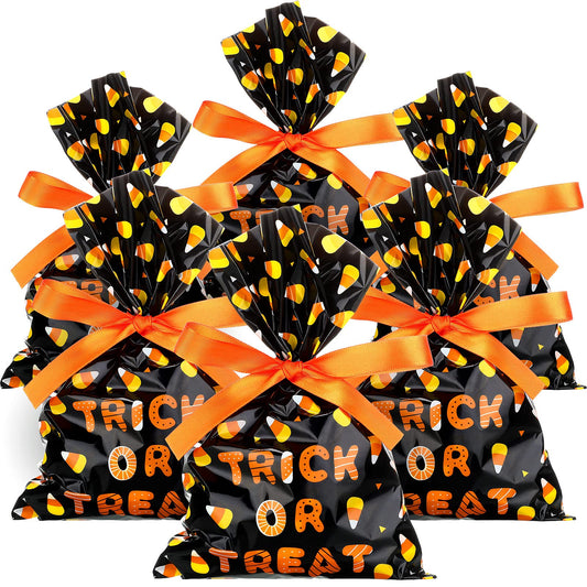 🎁 100 Pack Candy Corn Cello Bags with Ribbon – Halloween & Holiday Treat Bags (9x6 Inches, Includes 22-Yard Ribbon Roll)