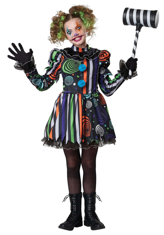Girls Neon Clown Costume – Multicolor Small Size Dress with Ruffled Pettiskirt, Pom-Poms & Clown Collar