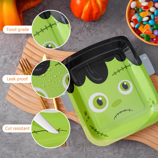 Halloween Plates Set – 48 Pcs Disposable Multicolor Plates with Pumpkin, Cat, Frankenstein & Skull Designs for Spooky Parties