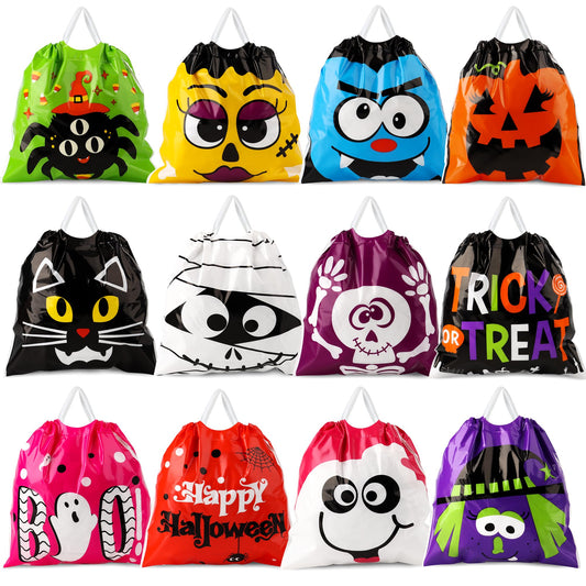 96-Pack Halloween Drawstring Candy Bags – 12 Cute Designs, Durable 6x6" Trick-or-Treat Goodie Bags for Kids & Parties