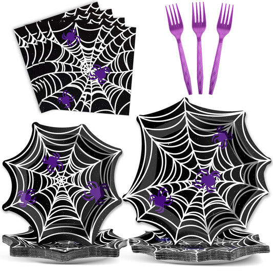 Halloween Spider Web Party Tableware Set – 96 Pcs Disposable Plates, Napkins & Forks for 24 Guests