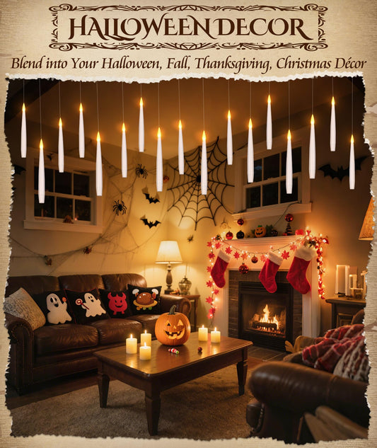 Floating Halloween Candles with Remote Wand – 6" Battery Operated LED Hanging Candles, Flickering Light Set (White)