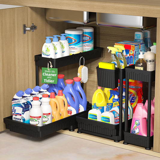 3-Pack L-Shaped Under Sink Organizer – Pull-Out Cabinet Storage with Hooks & Cup (Black)