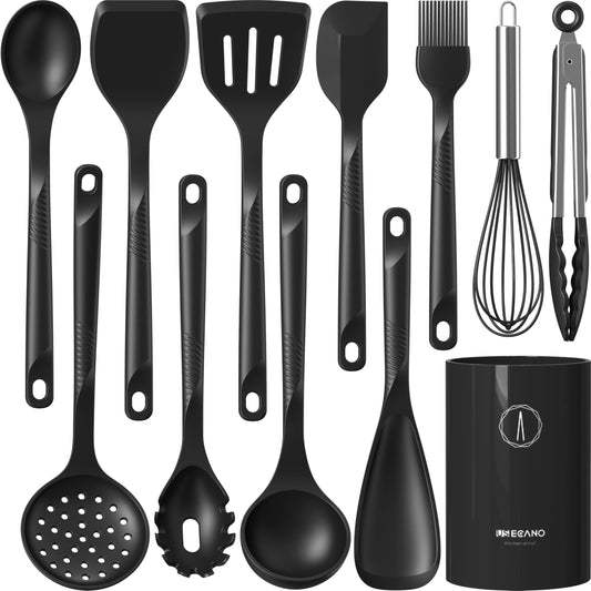 Heavy-Duty Silicone Kitchen Utensil Set with Stainless Steel Core – Heat Resistant 600°F (Black)
