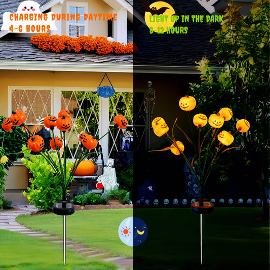 3D Solar Pumpkin Firefly Lights – 2 Pack 20 LEDs Double-Sided Halloween Outdoor Lights with Green Leaves, IP65 Waterproof (Orange)