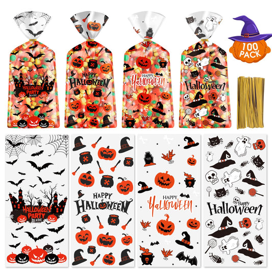 100-Pack Halloween Treat Bags with 100 Gold Twist Ties – 4 Spooky Designs for Candy, Cookies & Party Favors