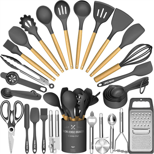 Umite Chef 34-Piece Silicone Kitchen Utensil Set with Wooden Handles – Heat Resistant Cooking Tools with Holder for Nonstick Cookware (Dark Gray)