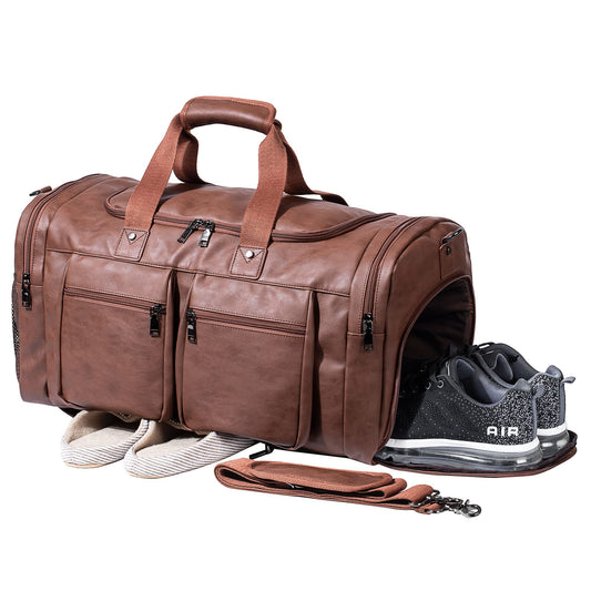 Leather Travel Duffel Bag with Shoe Compartment – Large Waterproof PU Weekender Carry-On Bag (Brown)