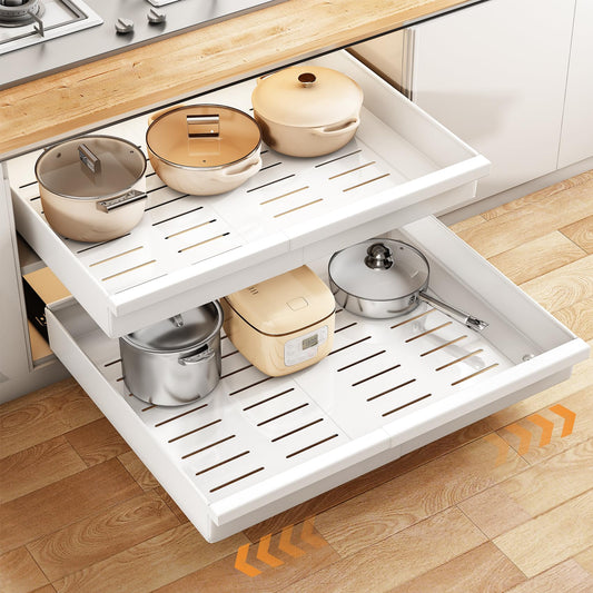 Extra-Wide Pull-Out Cabinet Organizer – Full-Extension 3-Rail No-Drill Slide-Out Drawers (White)