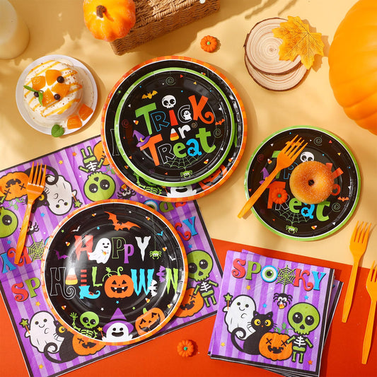 Halloween Party Plates & Tableware Set – 100 Pcs for 25 Guests, Includes Plates, Forks & Napkins – Classic Halloween Colors & Designs