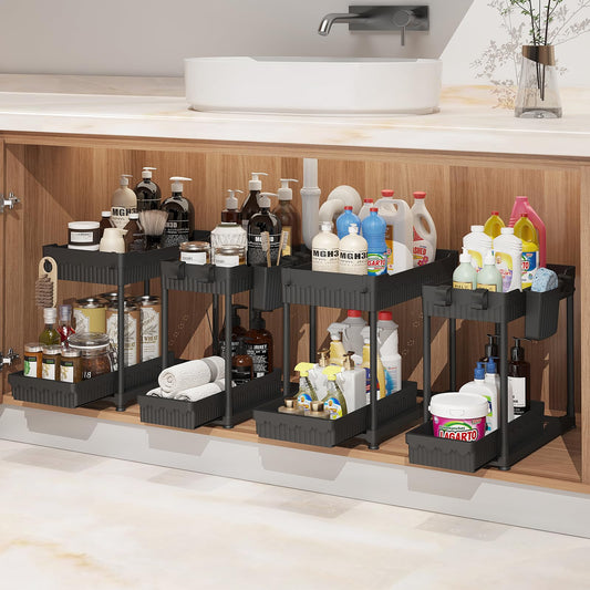 4-Pack Under Sink Organizer Set – 2-Tier Pull-Out Storage with Hooks & Cups (Black)
