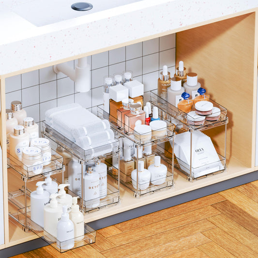 Clear 2-Tier Pull-Out Cabinet Organizers (4-Pack) – Compact Slide-Out Drawers for Bathroom, Under Sink & Pantry Storage