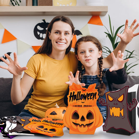 12-Pack Halloween Paper Gift Bags with 4 Cute Designs – Pumpkin, Ghost, Cat & Tree Party Favor Bags for Candy & Snacks