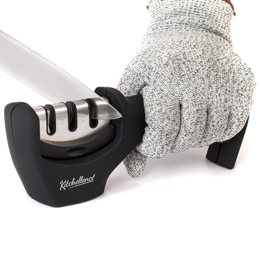 3-Stage Knife Sharpener with Safety Glove – Diamond, Sharpen & Polish System (Black)