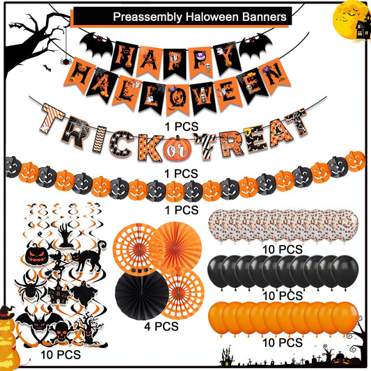 FECEDY Halloween Party Decoration Set – “Happy Halloween” Banner Kit with Balloons, Paper Fans, Swirls & Pumpkin Garland (Big 48-Piece Set)