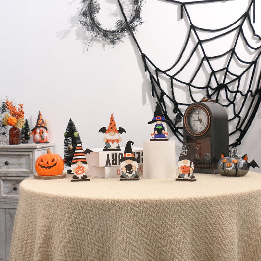 Set of 5 Halloween Gnome Table Decorations – Black, White, Blue & Orange Wooden Figurines for Festive Decor