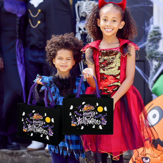 Glow-in-the-Dark Halloween Tote Bag – Large Black Canvas Trick-or-Treat Bag with Ghost & Pumpkin Design (Reusable)