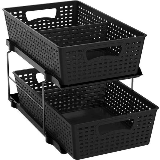 2-Tier Pull-Out Under Sink Organizer – Black Sliding Drawer Storage for Bathroom & Cabinets