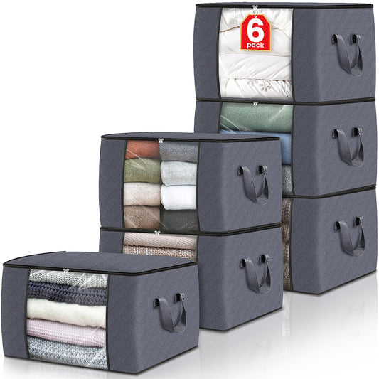 Fab Totes Fabric Storage Bags (6-Pack) – Foldable Closet Organizers with Reinforced Handles & Clear Window (Grey)