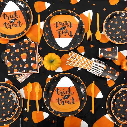 Halloween Candy Corn Party Tableware Set – 193 Pcs Plates, Cups, Napkins & Cutlery for 24 Guests