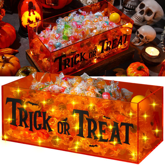 Light-Up Acrylic Trick or Treat Candy Bowl with LED String Lights – Halloween Party Table Decoration (Orange)