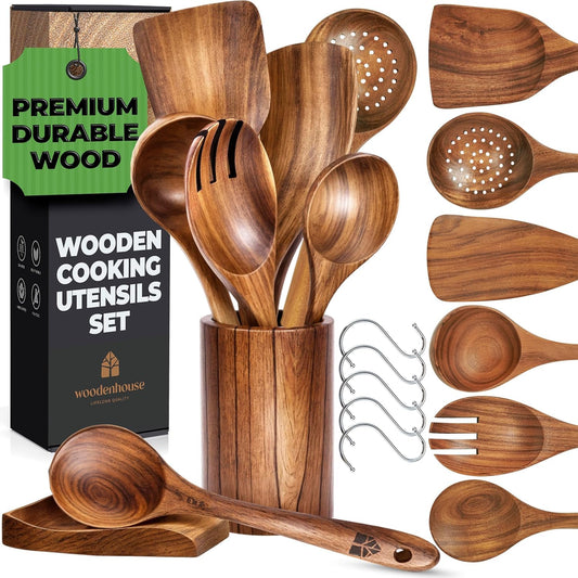 Premium 8-Piece Teak Wood Cooking Utensil Set with Holder – Natural, Non-Toxic & Non-Stick Safe